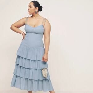 NWT Reformation Kesia Tiered Ruffle Midi Sleeveless Dress Mineral Blue Size 4